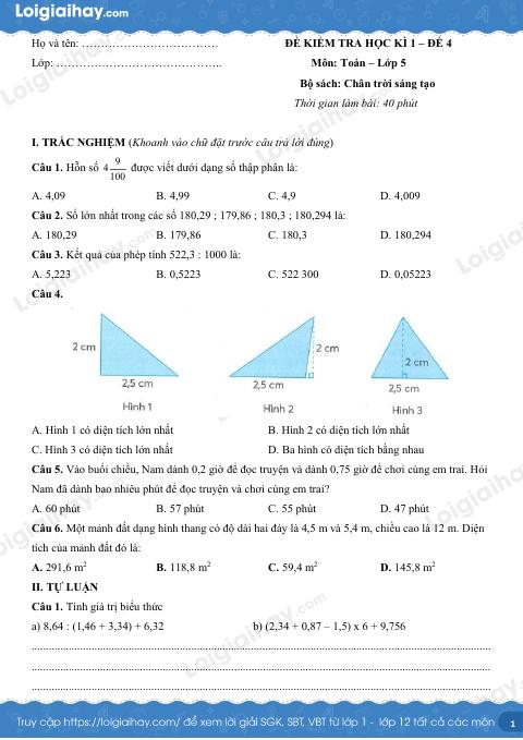 Đề kiểm tra học kì 1 Toán 5 Chân trời sáng tạo - Đề số 4